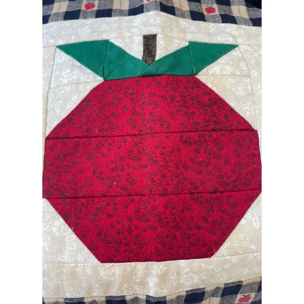 Vintage Apple Patchwork Bib Apron Navy Cream Gingham Country Cottage Kitchen